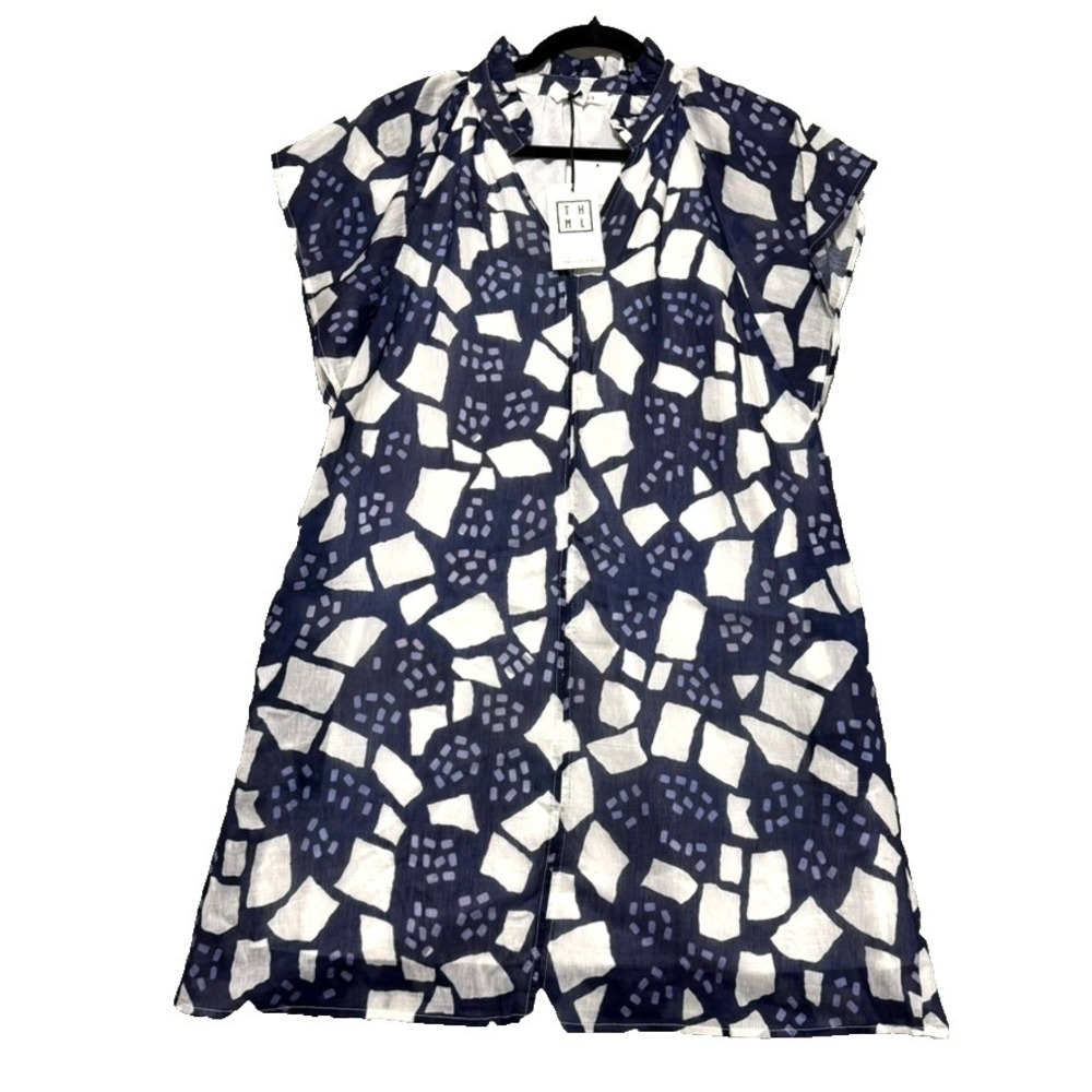 THML Shift Dress Women Medium Blue White Geometric Abstract Short Sleeve Lined